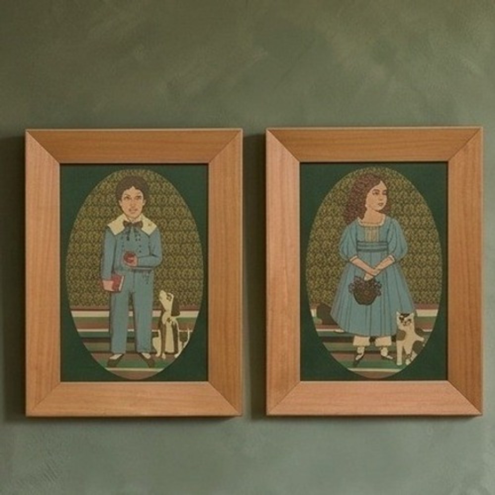 Vintage Folk Art Portrait Pair Boy with Dog Girl with Cat Framed Prints Set of 2